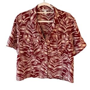 Topshop Burgundy Tropical Leaf Print Button-Down Shirt Size 8 Vacation Summer
